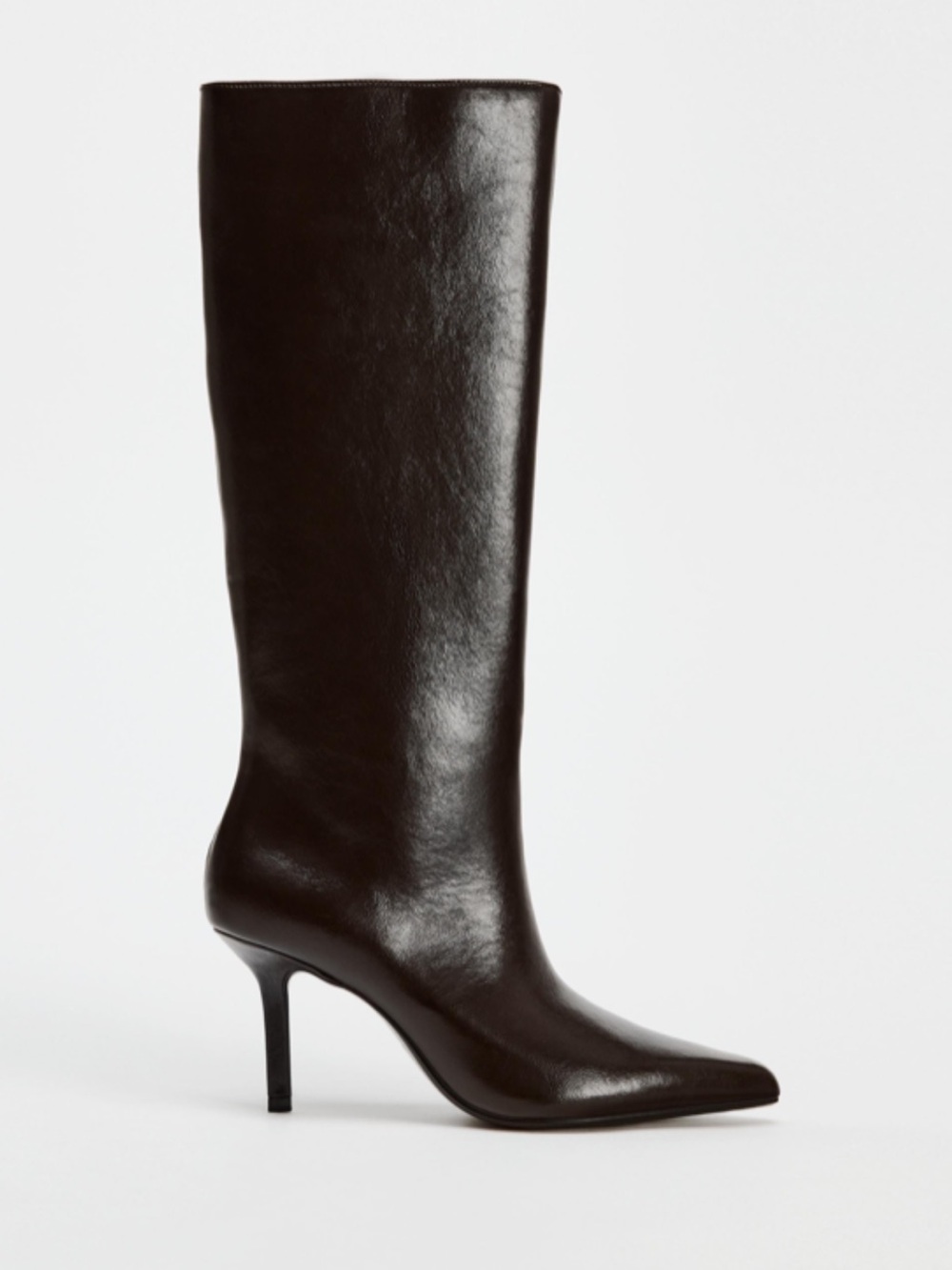 Zara Tall Pointed-Toe Leather Knee Boots - Dark Brown